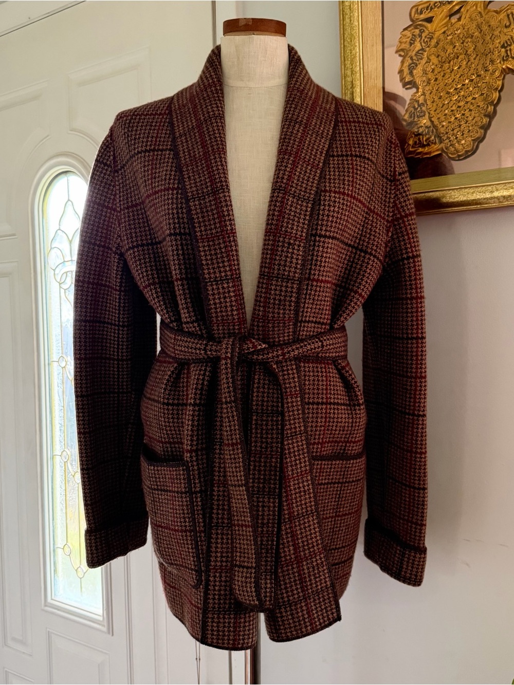 Lauren RL brown houndstooth Shawl Collar knit cardigan blazer Small NWOT